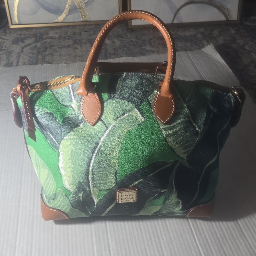 Dooney & Bourke Green Tropical Leaf Satchel with Brown Leather Trim